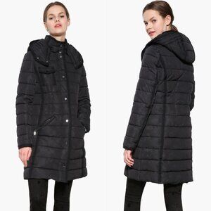 $260 DESIGUAL Size 38 US 4 Black Floral Embossed Padded Hooded Long Jacket Coat